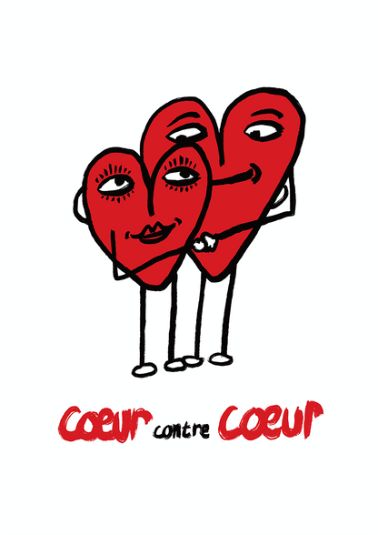 Coeur contre coeur est une illustration de la série Histoires de coeurs réalisé par l'artiste Delgo. Elle repésente deux coeur blotti l'un contre l'autre.