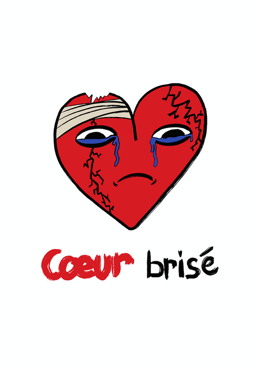 Coeur brisé est une illustration de de la série Histoires de coeurs réalisée par l'illustrateur  Delgo. Elle représente un coeur blessé versant des larmes.