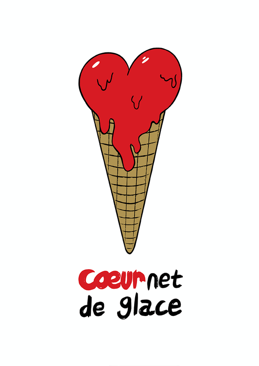 Coeurnet de glace est une illustration de la série Histoires de coeurs réalisé par l''artiste Delgo. Elle représente un cornet de glace avec deux boules rouges dégoulinantes.