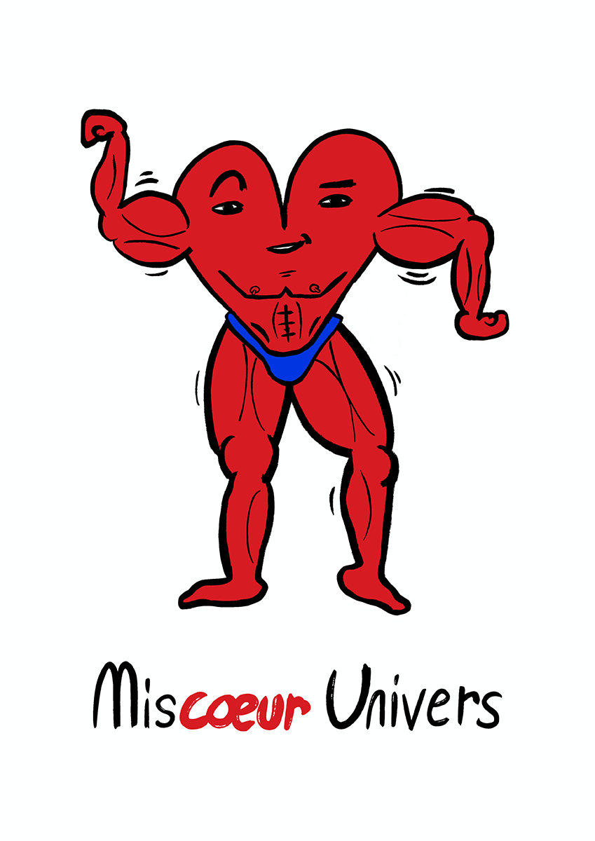 Miscoeur Univers est une illustration de la série Histoires de coeurs réalisé par Delgo. Elle représente un coeur adepte de bodybuilding.