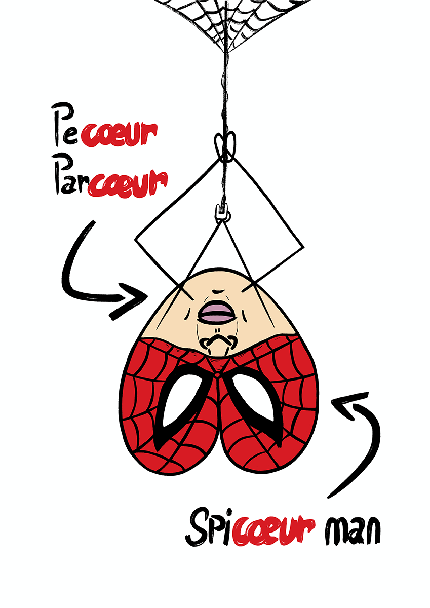 Pecoeur Parcoeur/Spicoeur man est un illustration de la série Histoires de coeurs réalisée par l'illustrateur DelgoElle représente un coeur représentant le célèbre héros Marvel Spider man ainsi que son alter ego Peter Parker.