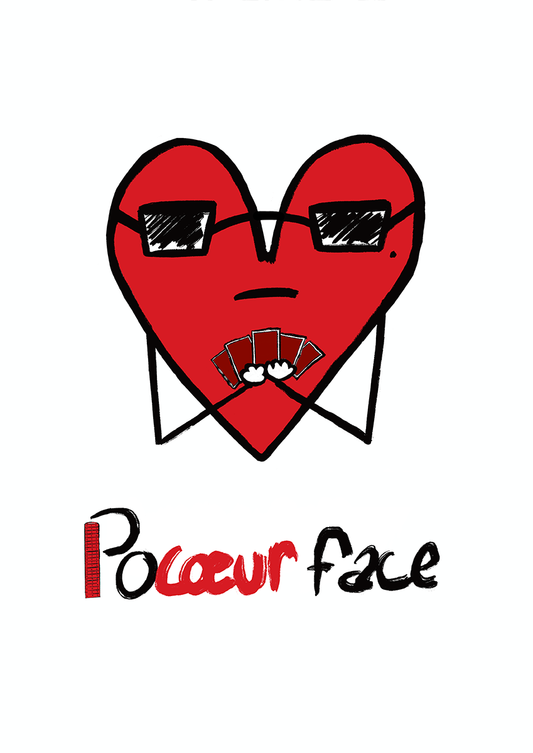 Pocoeur face est une des illustrations qui compose la série Histoires de coeurs réalisée par Delgo. Elle représente un coeur impassible jouant au poker.