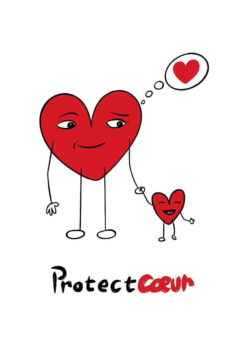 Protectcoeur est une illustration de la série Histoires de coeurs réalisée par DelgoElle représente un coeur adulte tenant par la main un petit coeur et portant sur lui un regard bienveillant. 